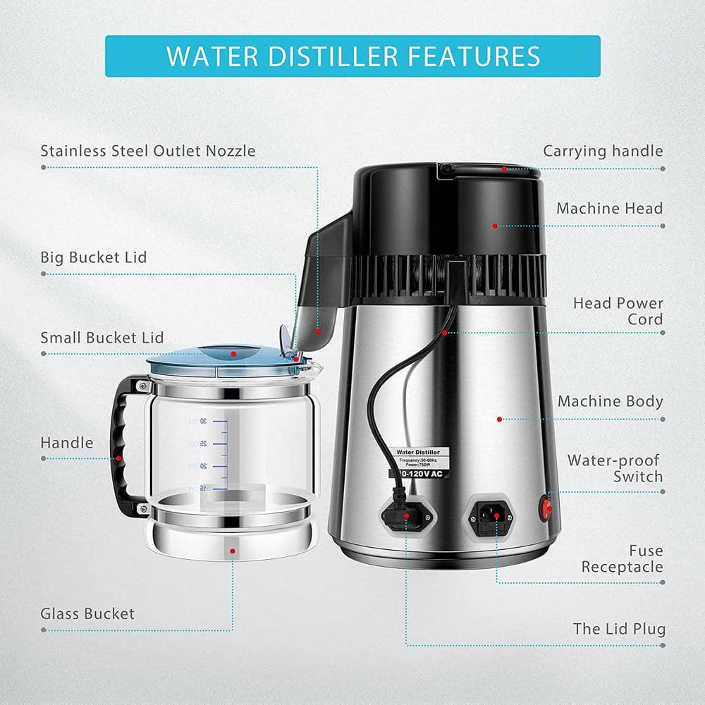 VIVOHOME 16Cup Brushed 304 Stainless Steel Water Distiller Machine with a Switch Purifier Filter