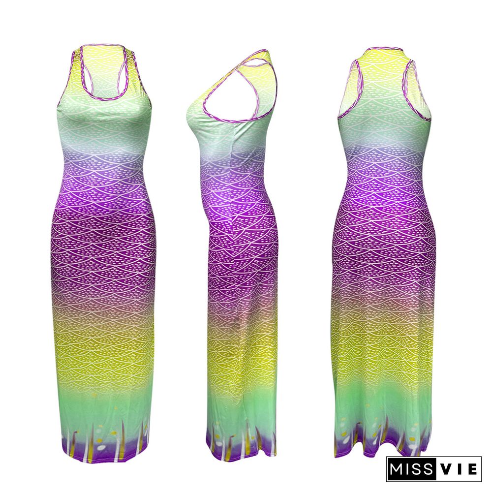 Summer Gradient Color Printing Women Ankle-Length Dresses