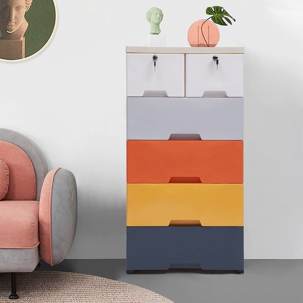 Plastic Drawers Dresser 5 Layer 6 Drawer Storage Cabinet Rounded Corners Tall Dresser Organizer - as picture - - 37668333