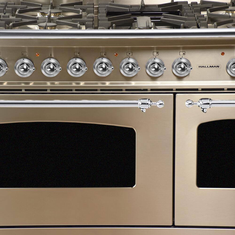 Hallman 48 in 5.0 cu.ft. Double Oven Dual Fuel Italian Range wTrue Convection 7 Burners Griddle Chrome TrimStainless Steel HDFR48CMSS