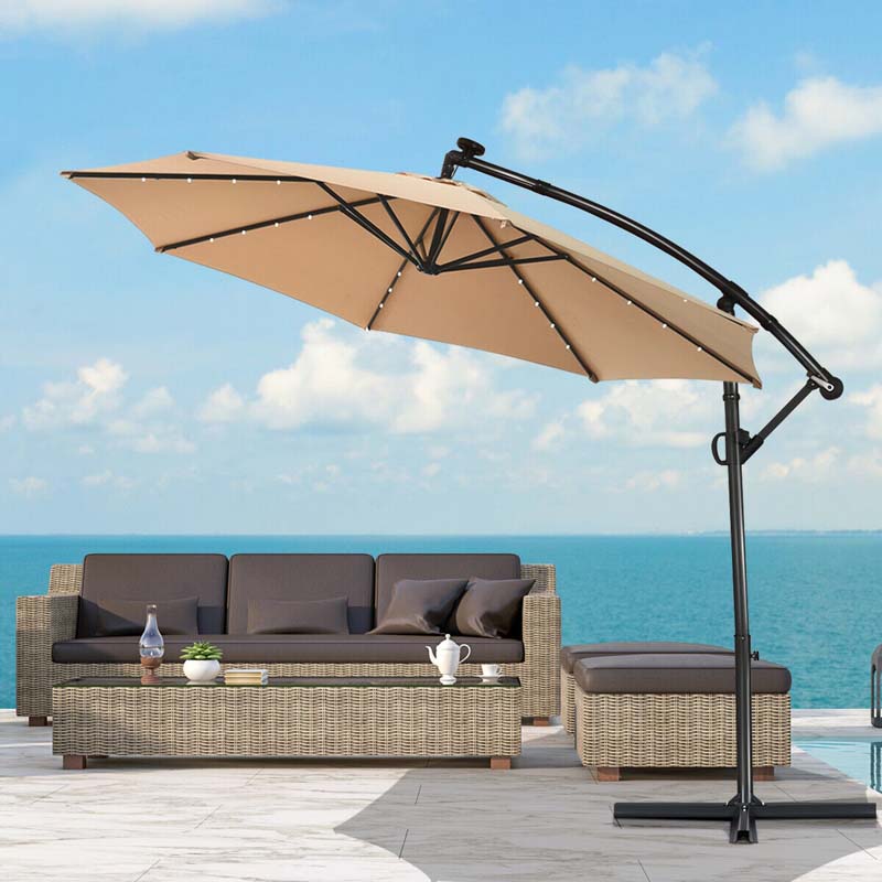 10 FT Patio Offset Umbrella with Solar Lights 360° Rotation Outdoor Market Umbrella with Crank Handle & Cross Base