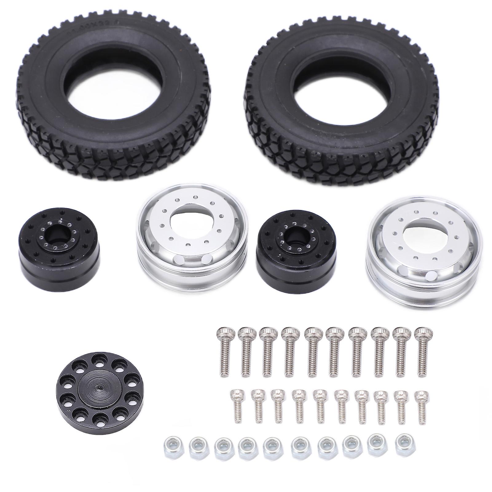 2pcs Metal Front Wheel Hub With Rubber Tires For Tamiya 1/14 Rc Trailer Tractor Truck Carblack