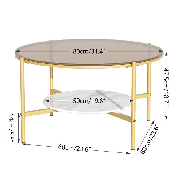 32'' Wide Round Coffee Table with Glass Top and Metal Legs