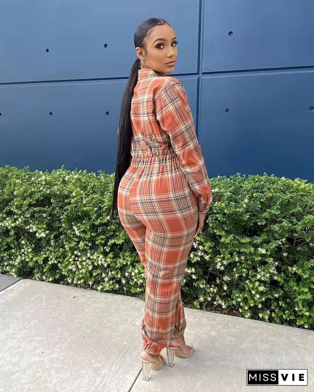 Plaid Print Long Sleeve Zipper One Piece Jumpsuit