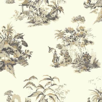 Sample Oriental Scenic Wallpaper in Grey and Gold