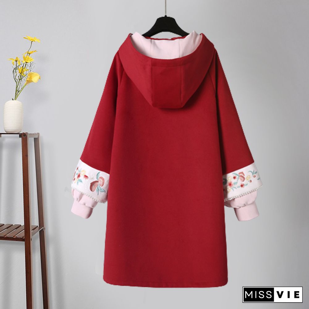 Vintage Crane Embroidery Plush Hooded Sweatshirt Dress