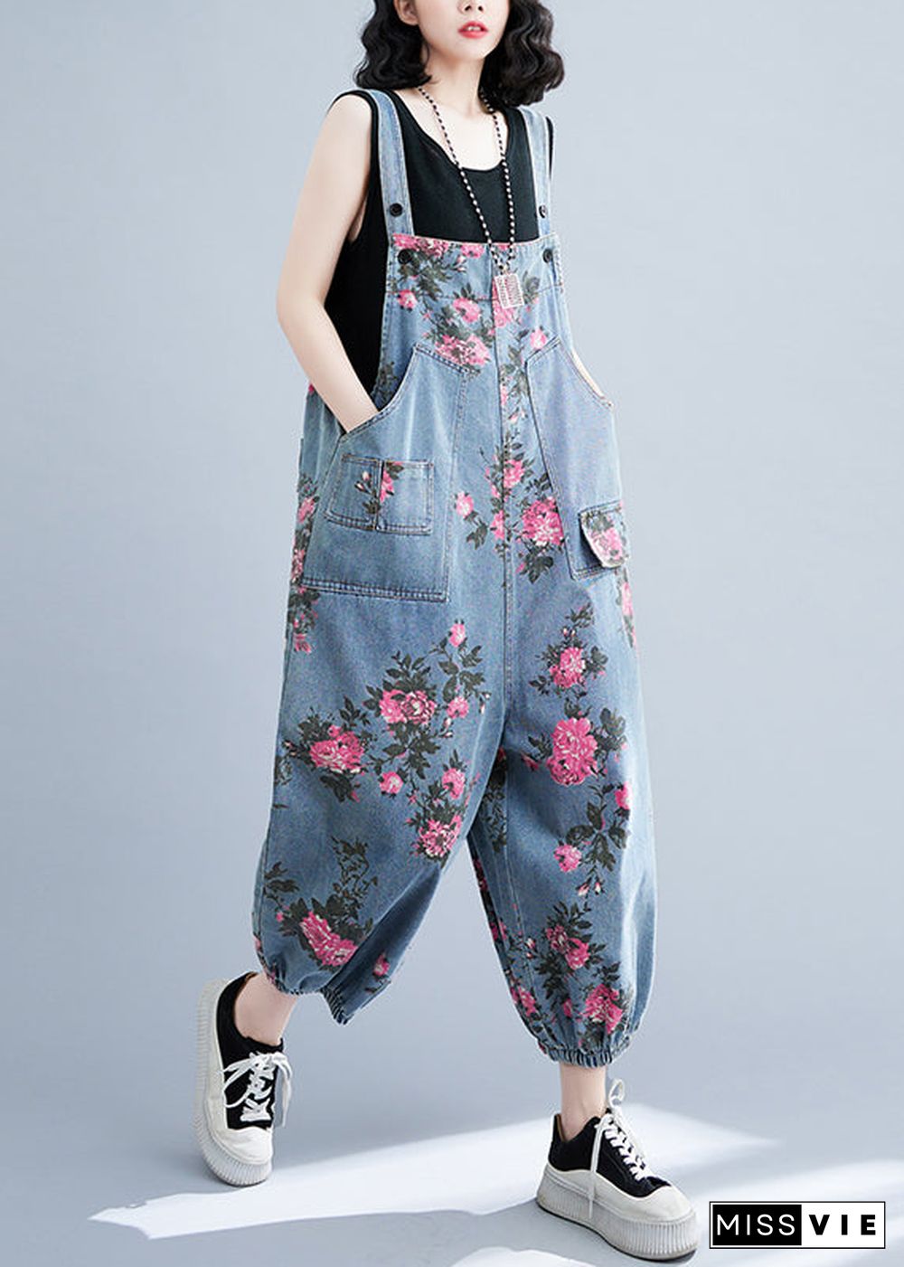 Bohemian Light Blue Oversized Print Pockets Denim Jumpsuits Summer