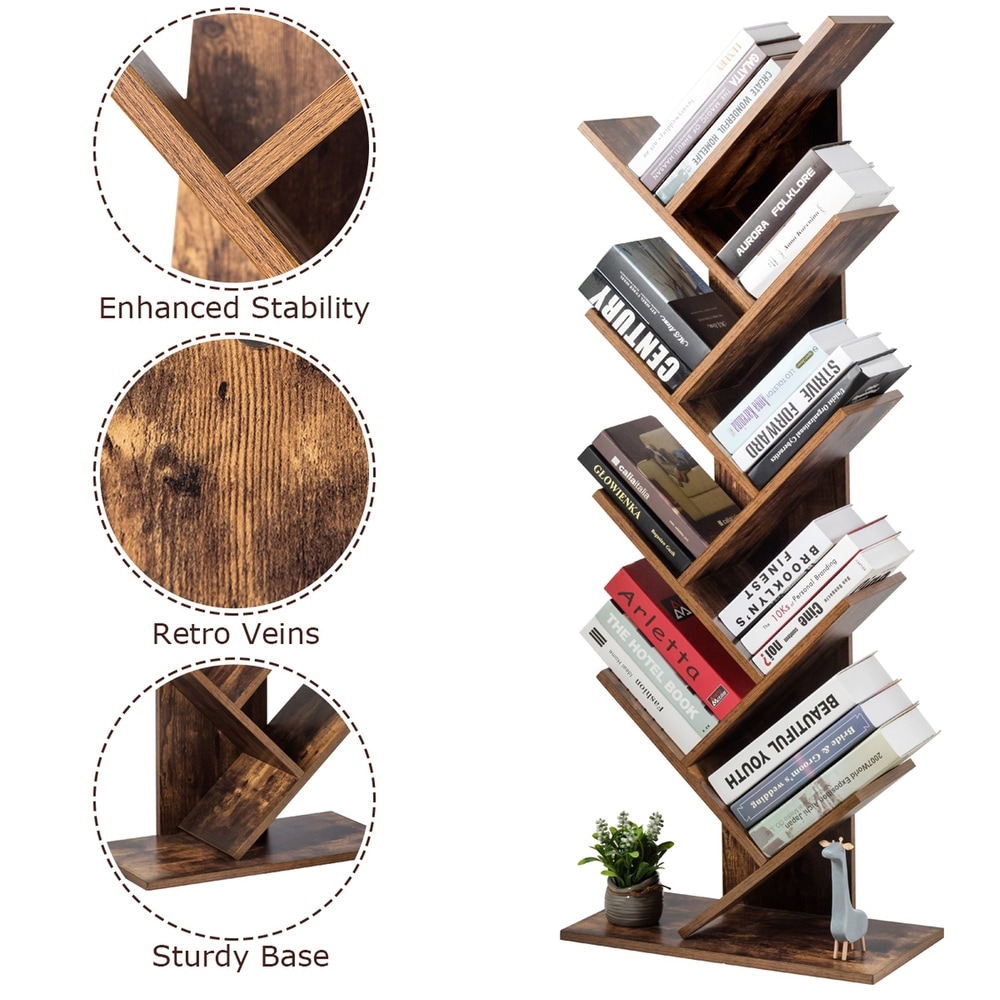 Gymax Tree Bookshelf 8 Tier Bookcase Free Standing Book Rack Display   34'' (L) x 11'' (W) x 37'' (H)