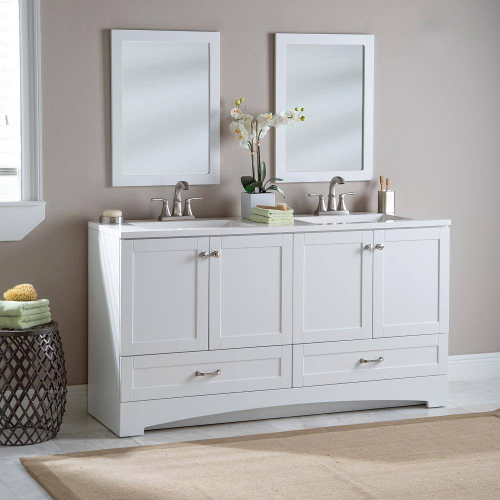 Glacier Bay Lancaster 60.2 in. W x 18.8 in. D x 33.1 in. H Freestanding Bath Vanity in White with White Cultured Marble Top LC60P2COM-WH