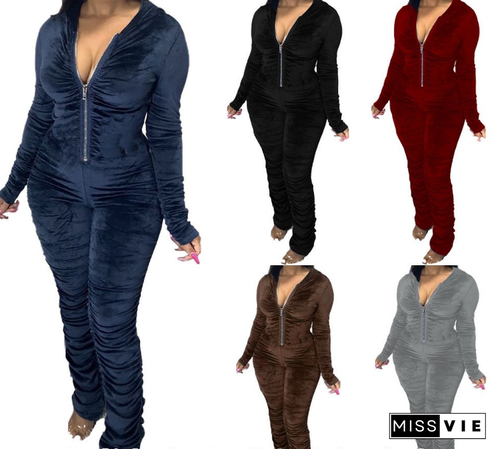 Velvet Hooded Long Sleeve Coat Top Pants Sports Suit