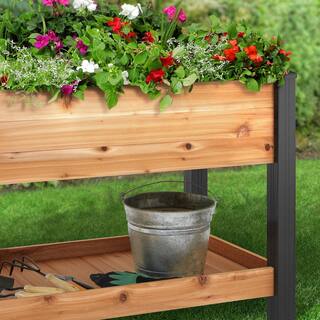 Outdoor Essentials Haven 2 ft. x 4 ft. Natural Cedar Elevated Garden Bed with Shelf (Vinyl Legs) 482124