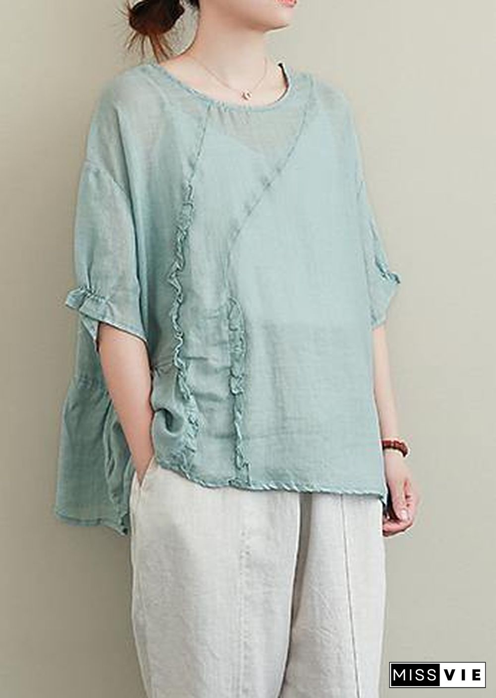 diy green linen tops o neck Ruffles oversized blouses