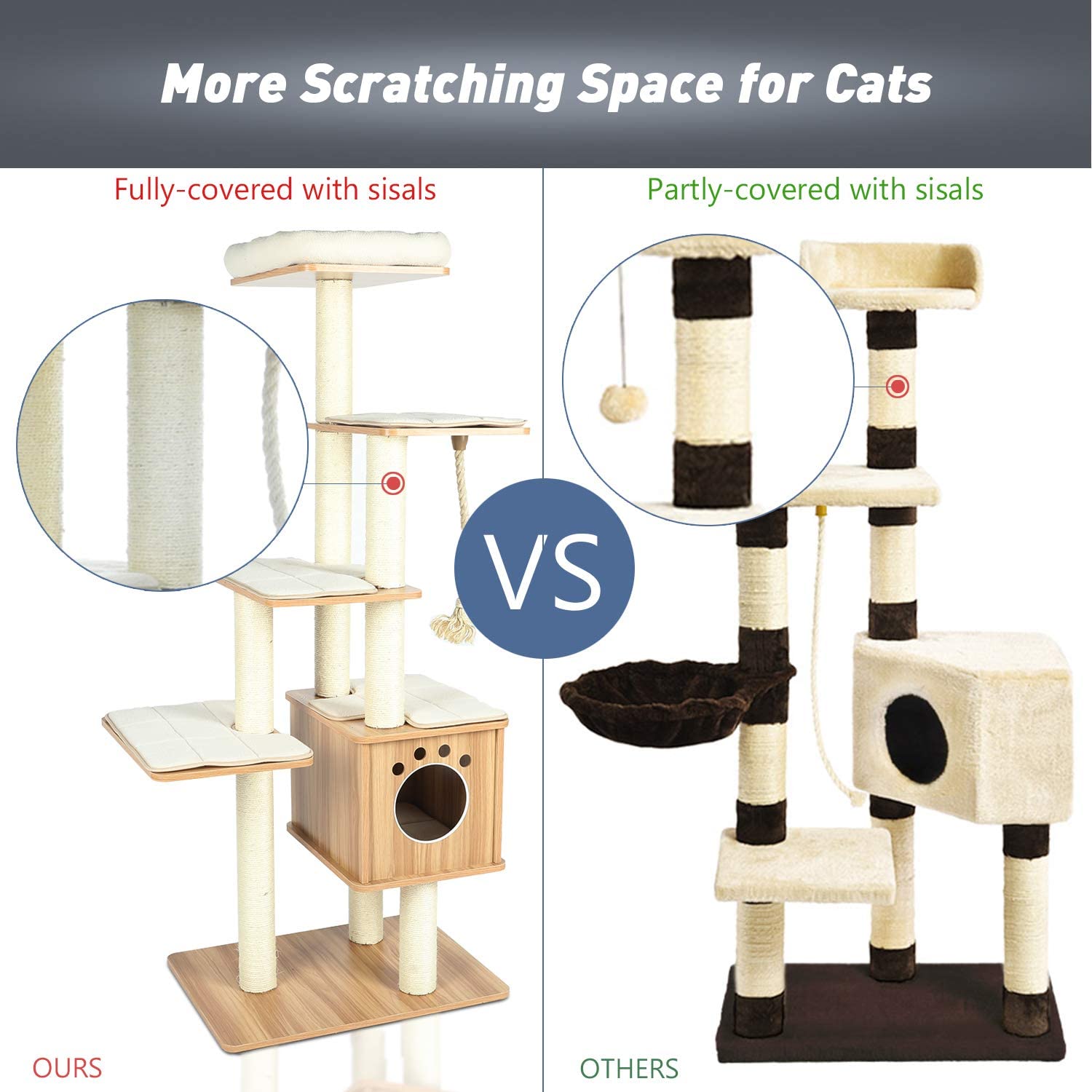 LAZY BUDDY 67'' Cat Tree Condo Multi-Level Wood Cat Tower with Scratching Post， Washable Cushion