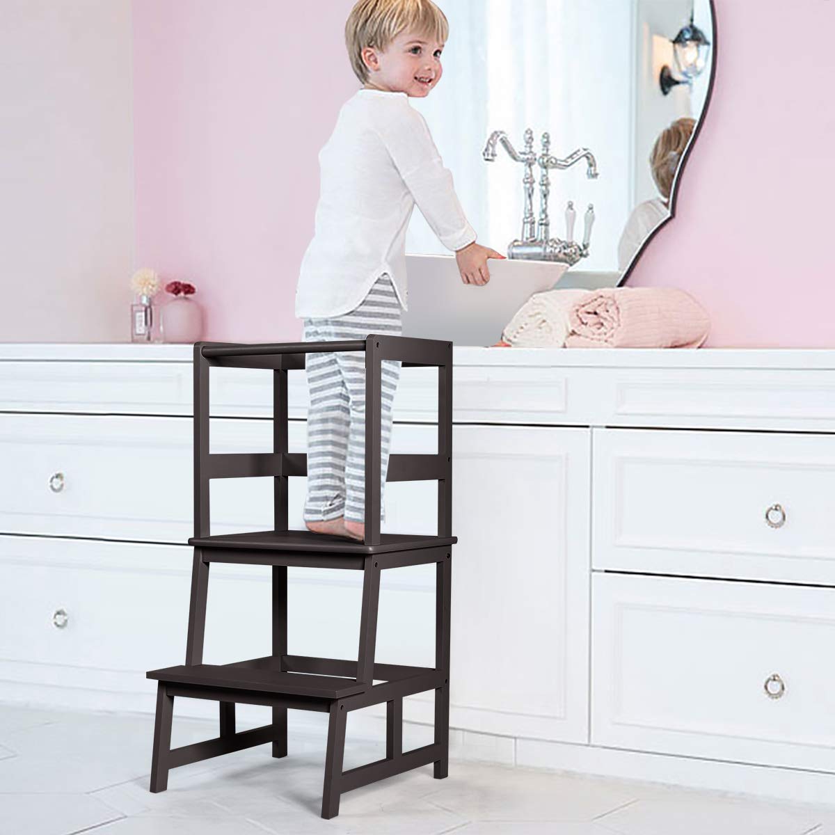 Costzon Kids Kitchen Step Stool with Safety Rail, Toddler Kitchen Stool w/Solid Bamboo Construction