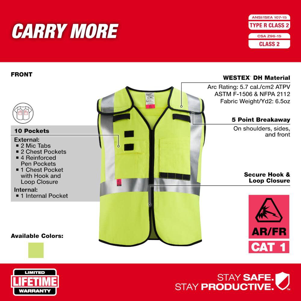 Milwaukee High Vis Safety Vest Cdlass 2 Breakaway AR/FR Cat 2 48-73-5311M910 from Milwaukee