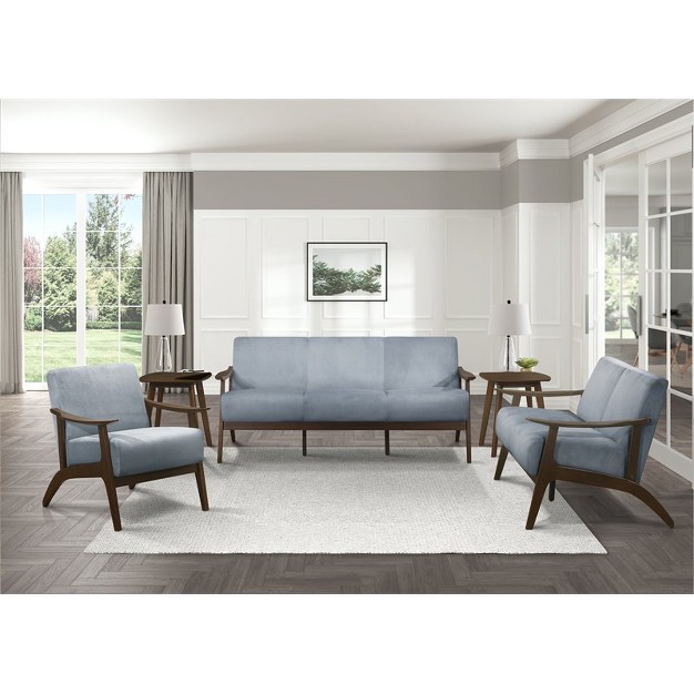 Carlson Velvet Upholstered Loveseat In Blue Gray And Dark Walnut Lexicon