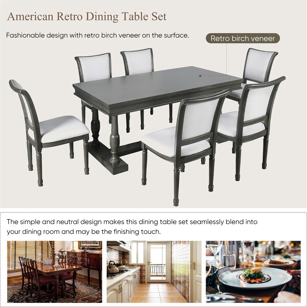 7 Piece Dining Table with 4 Trestle Base and 6 Upholstered Chairs