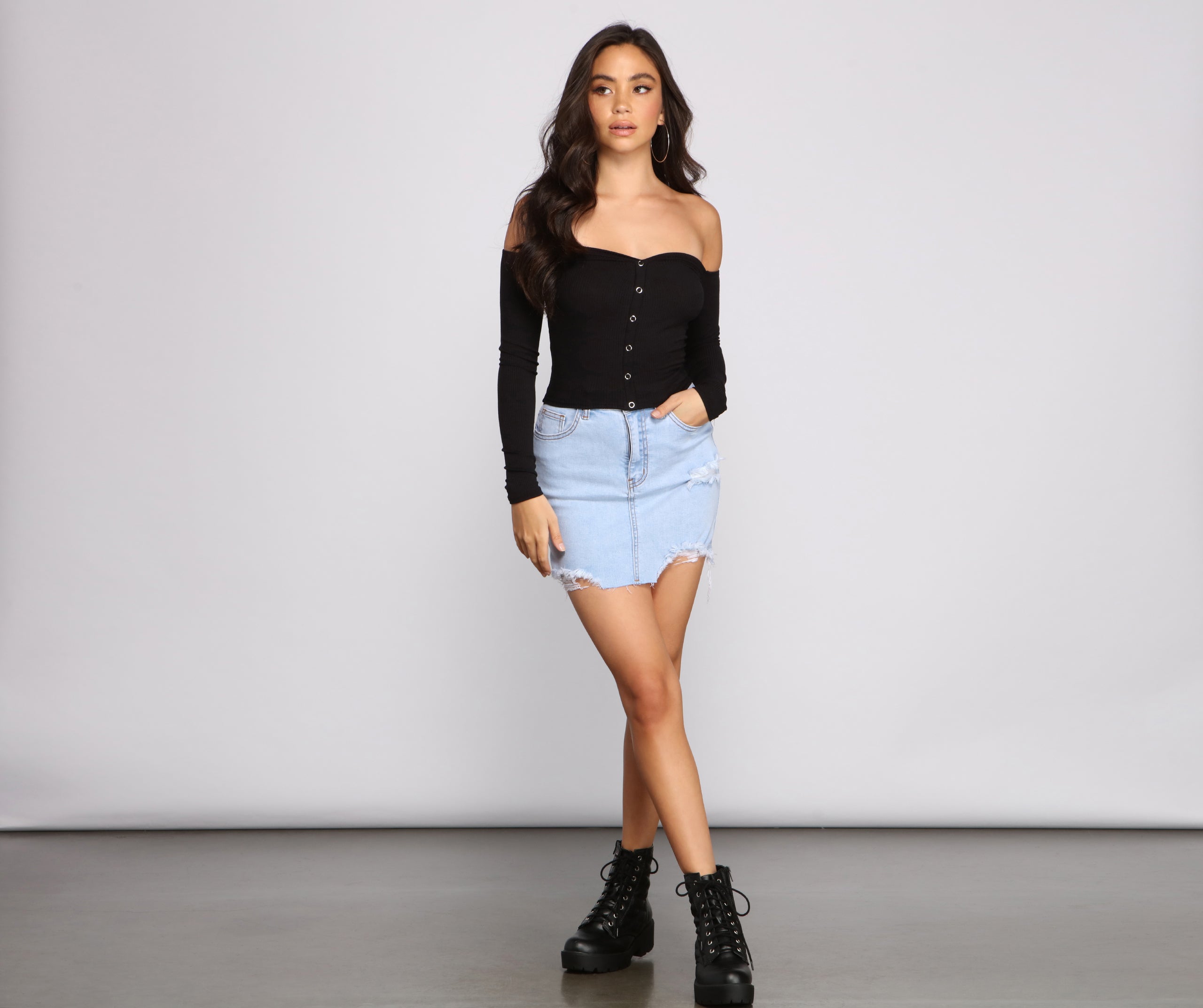 Off The Shoulder Ribbed Henley Top