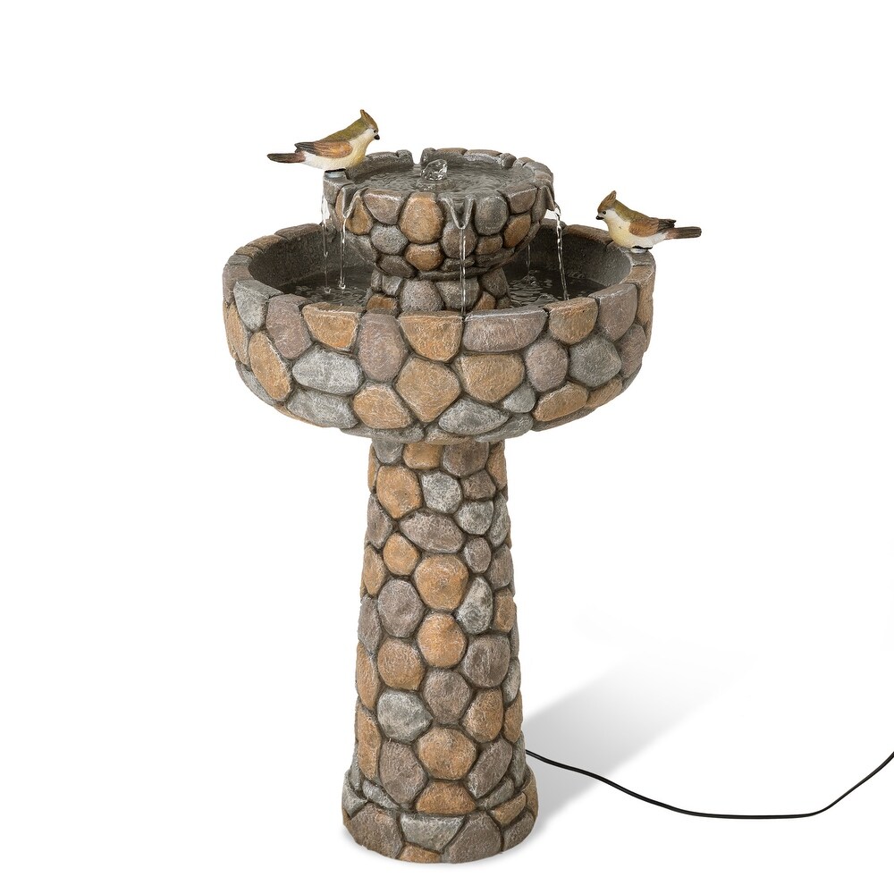 Glitzhome 24.5 inch Outdoor 2 tier Faux Pebbles Polyresin Birdbath Fountain with Pump