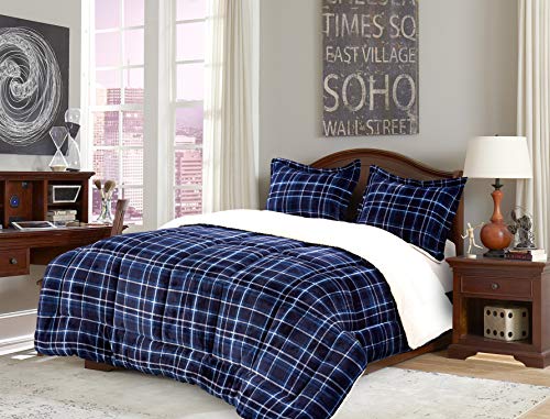 Softest Heavy Weight Plaid Pattern Micromink Sherpa-Backing Down Alternative Micro-Suede 3-Piece Reversible Comforter Set