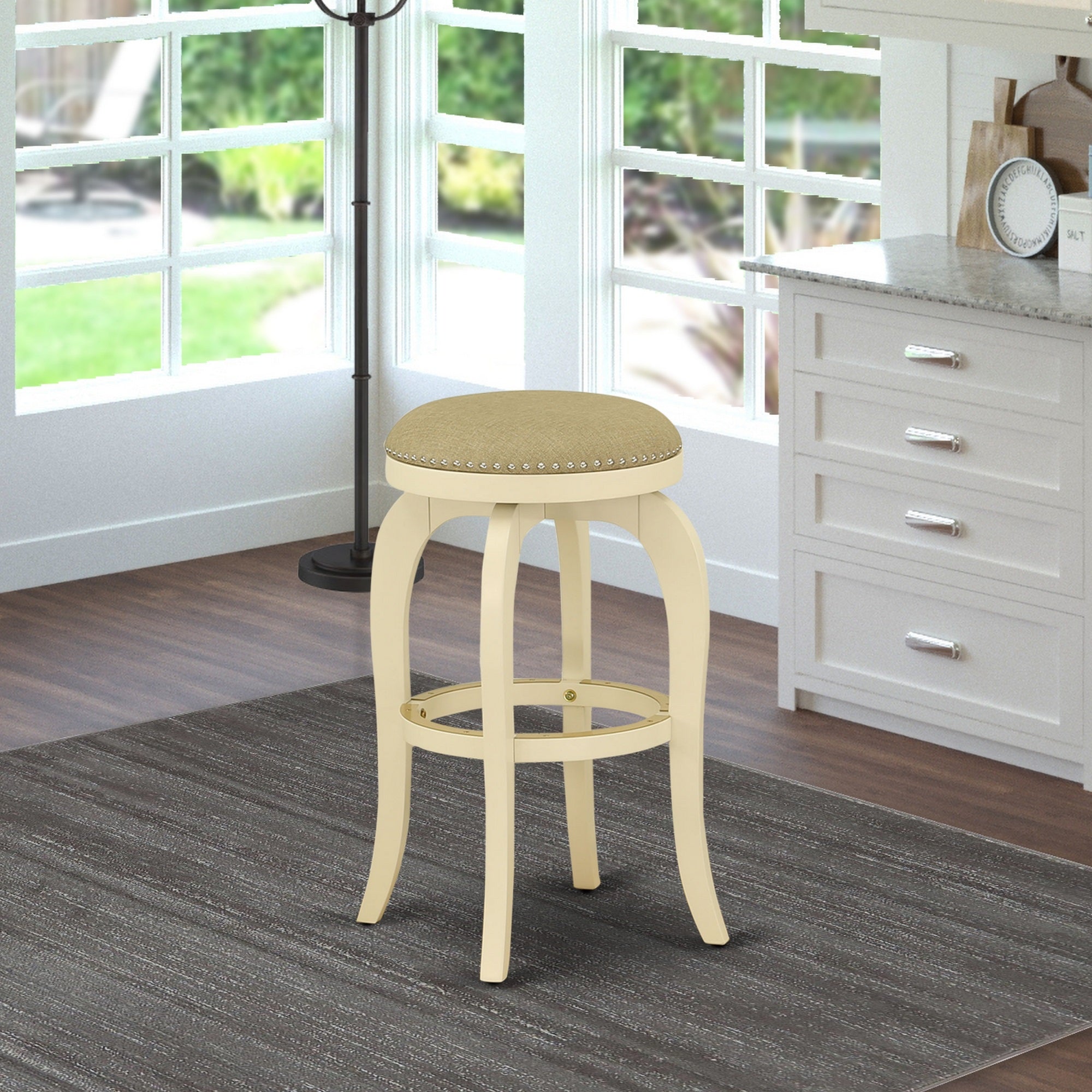 BFS030-202 Bedford Swivel Backless Barstool 30'' Seat Height With Linen White Leg And Pu Leather Sandalwood Color