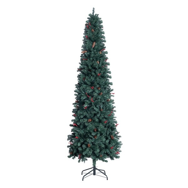 6.5ft Pencil Christmas Tree Prelit preDecorated with Pine Cones Red Berries 250 Warm Lights and Metal Stand