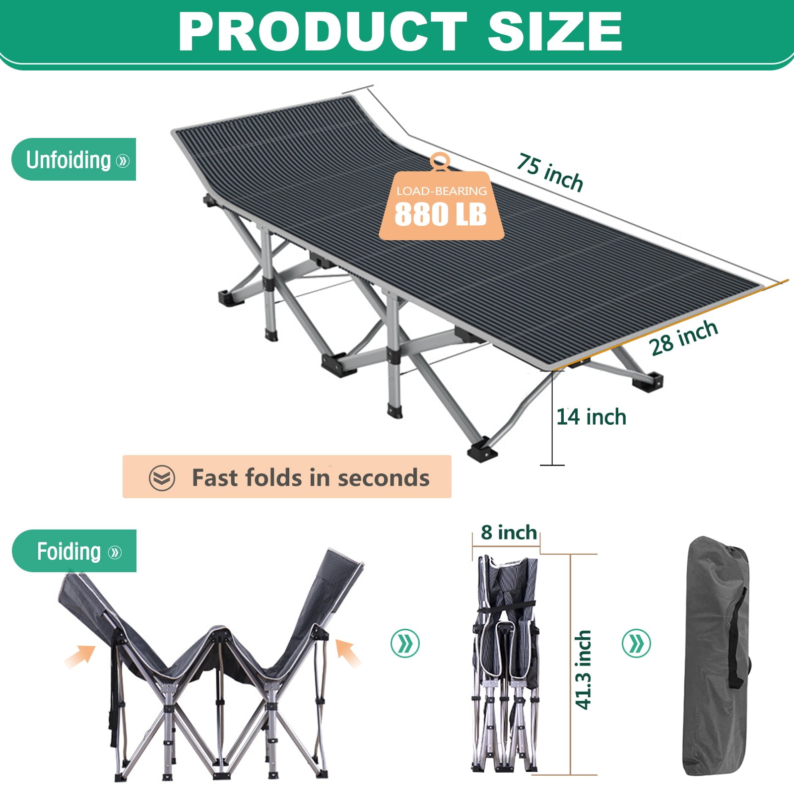 Ficisog Folding Camping Cots for Adults, 660lbs Double Layer Oxford Strong Heavy Duty Folding Bed With Mattress, for Camp Office Use,Gray