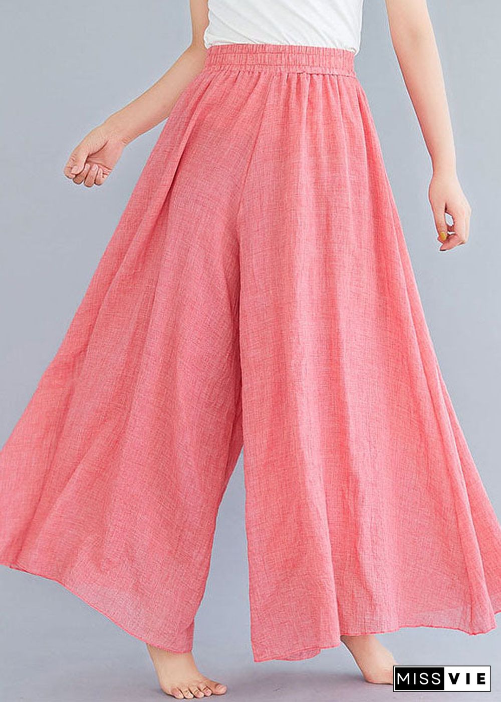 Pink Linen Wide Leg Pants High Waist Wrinkled Summer