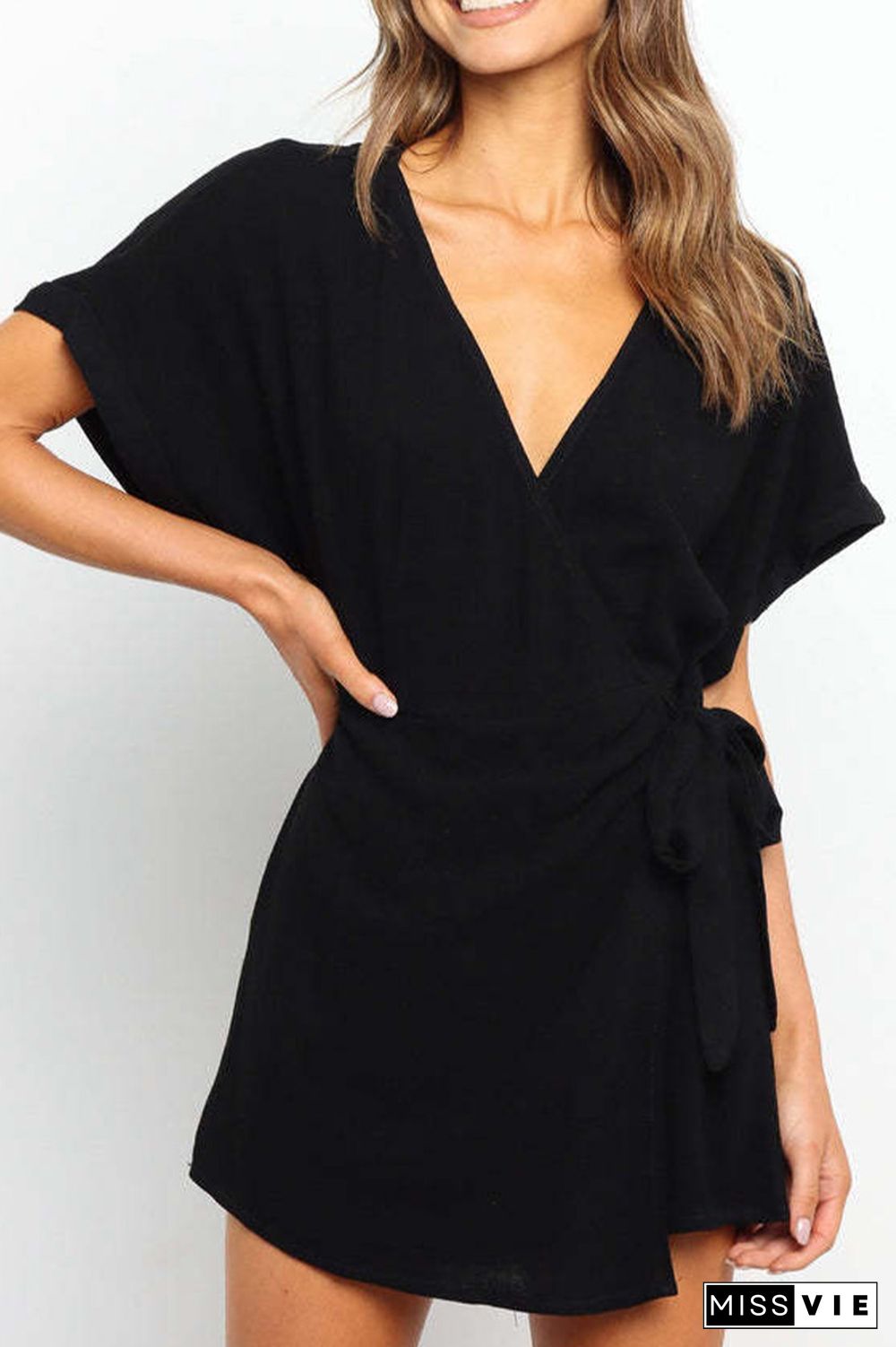 Plain Wrap V Neck Side Sash Romper