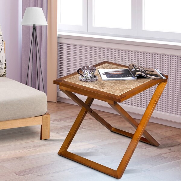 Sleeplanner Natural Marble Top Light Brown Solid Wood Base X-End Table