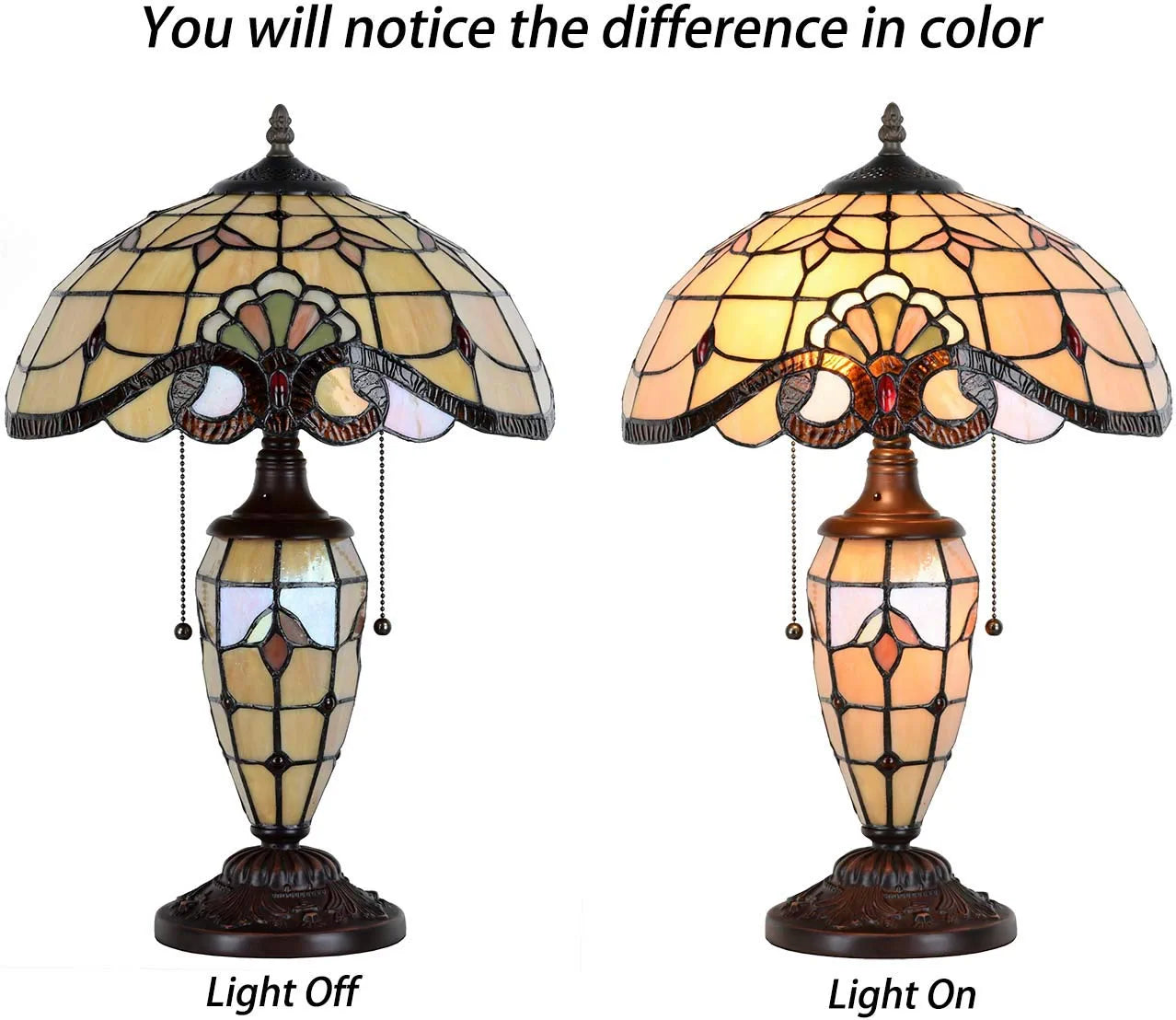 Bieye L10799 Baroque  Style Stained Glass Table Lamp, Lighted Base, 14" W x 21" H