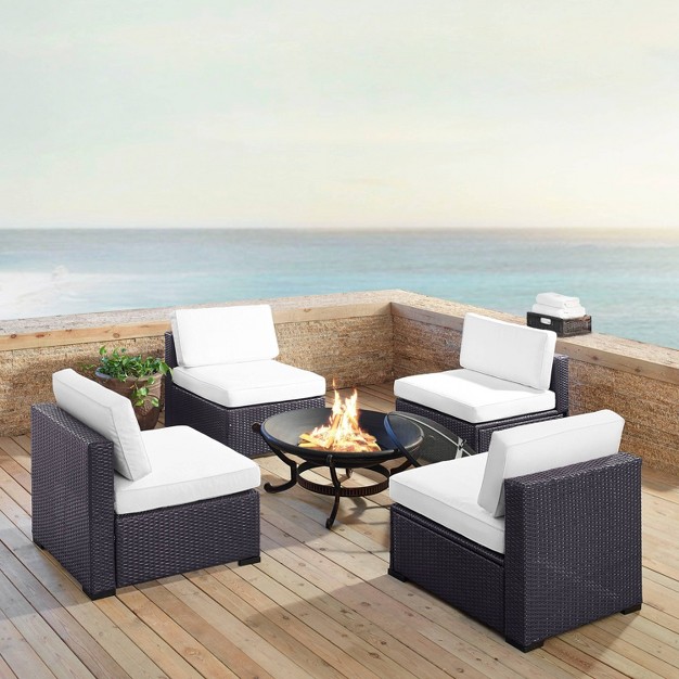 Biscayne 5pc Outdoor Wicker Conversation Set With 4 Armless Chairs amp Fire Pit White Crosley