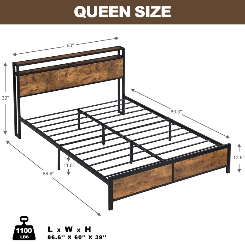 Industrial Queen/ Full Bed Frame with LED Lights and 2 USB Ports Rustic Brown