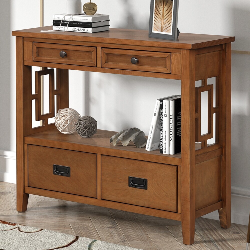 Wood Console Table Entry Sofa Table with 4 Drawers   Shelf