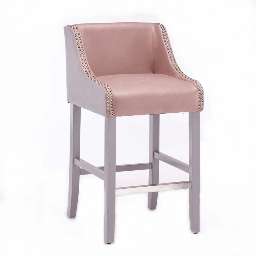 URTR Lovely 37.7 in. Pink Low Back Wood Bar Stool Side Chairs Dining Chair with Fabric Seat Nail Head Trim (Set of 2) HY02147Y