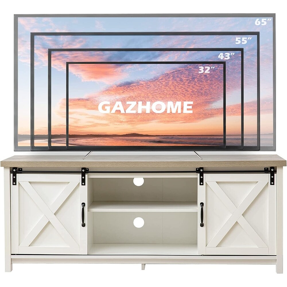 Modern Farmhouse TV Stand with Sliding Barn Doors  Media Entertainment Center Console Table for TVs up to 65\\u201D