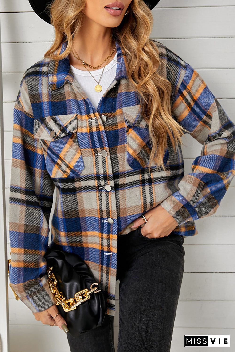 Geometric Plaid Print Pocketed Shirt