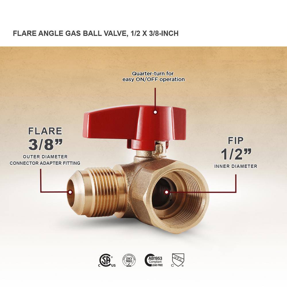 The Plumber's Choice 38 in. Flare x 12 in. Brass FIP Angle Gas Ball Valve LxFAGAS3812