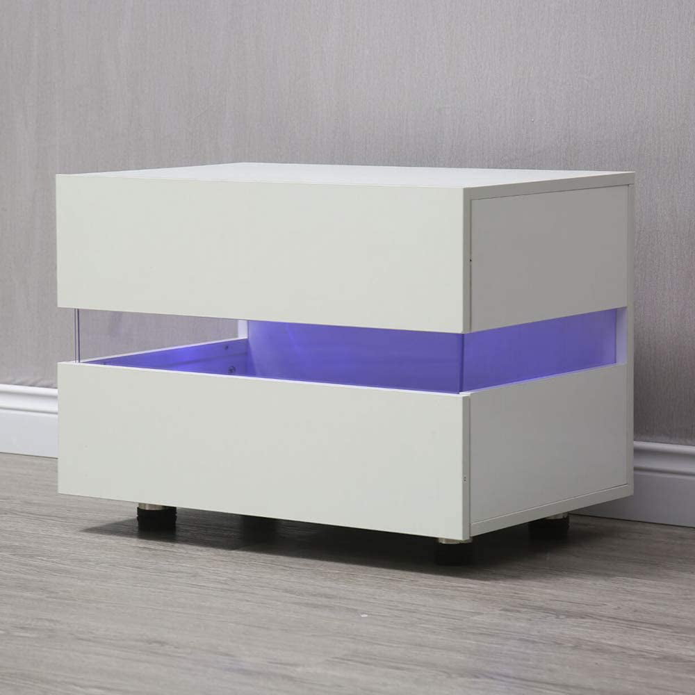 Anqidi White/Black High Gloss Nightstand, Modern Multi-color LED Light Bedside End Table Minimalist Storage Cabinet with 2 Drawers