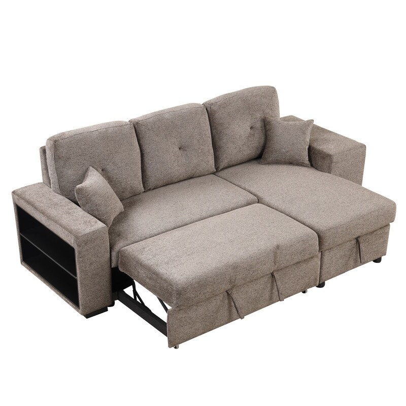 Reversible Sleeper Sectional Sofa Couch with Side Shelf and 2 Stools  Pull Out L Shaped Sofa Bed  Corner Sofa Bed with Storage