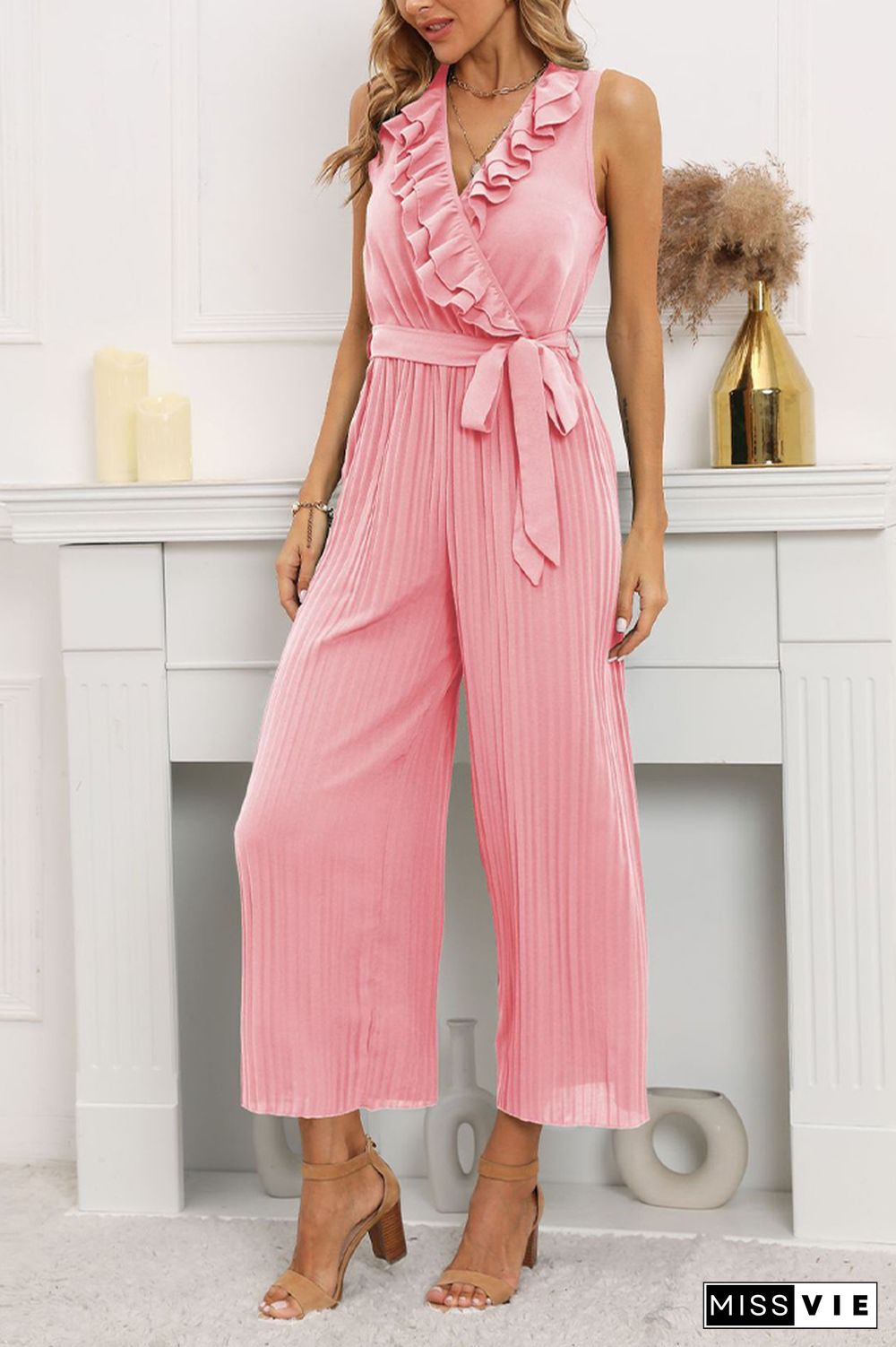 V Neck Ruffles Pleated Sleeveless Jumpsuit