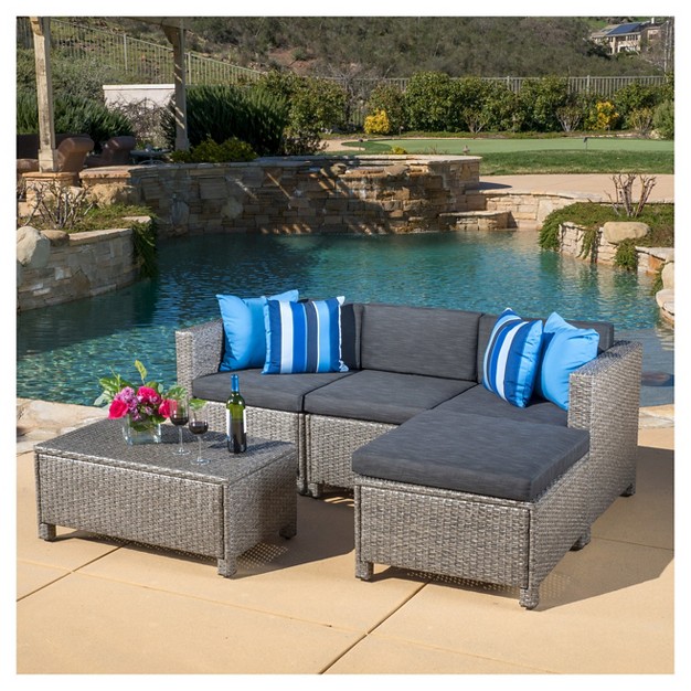 Puerta 5pc Wicker Patio Sectional Sofa Set With Cushions Multi Gray With Dark Gray Cushions Christopher Knight Home