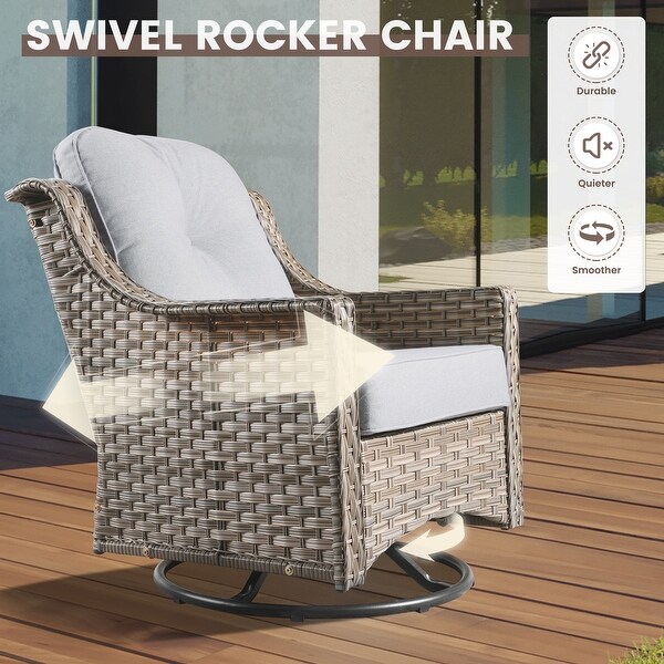 OVIOS 6 Pieces Outdoor Wicker Swivel Chair Set With SolarPowered Coffee Table