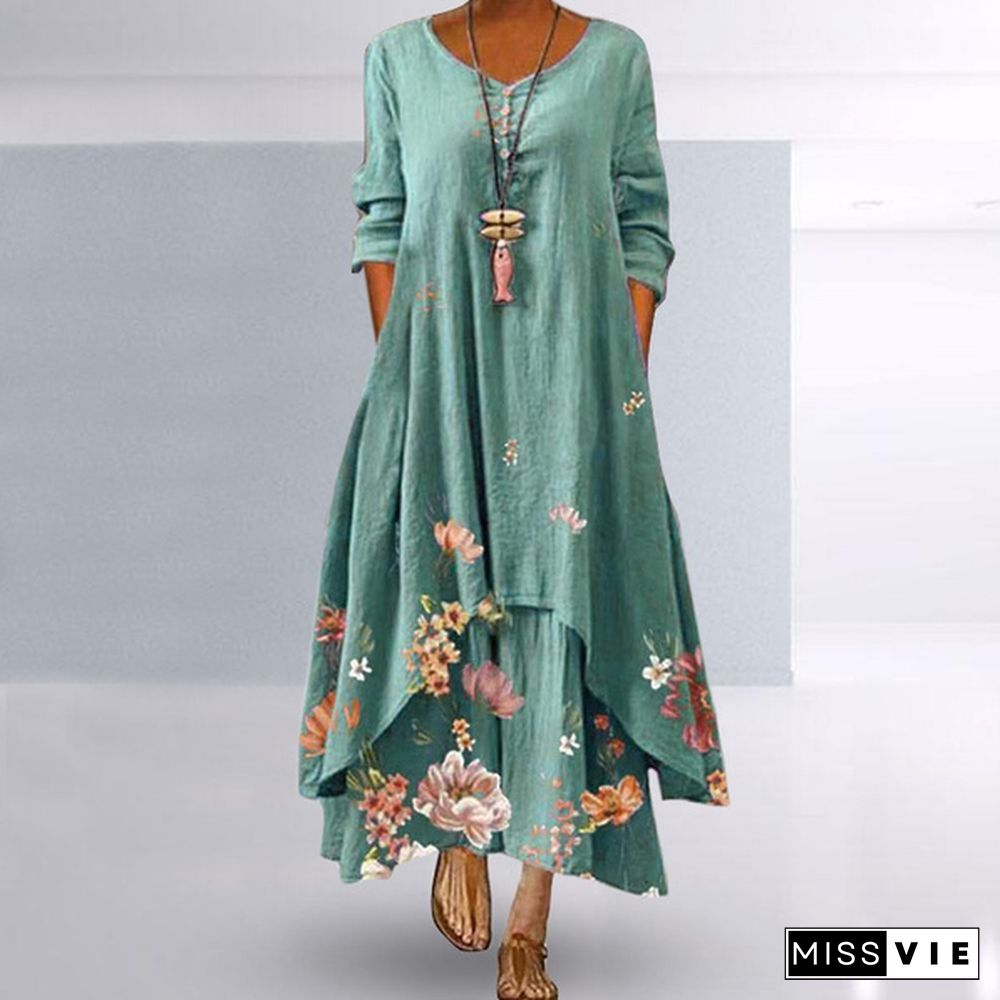 Women Casual Floral Print Long Sleeve Round Neck Double Layer Maxi Dresses Floral Casual Ethnic Style Loose Long Dress