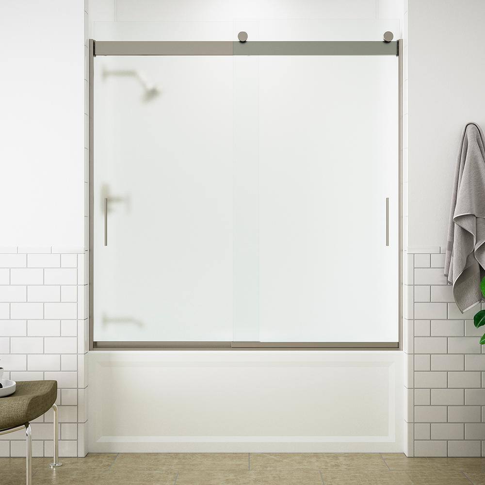 KOHLER Levity 59 in. W x 62 in. H emi-Frameless Sliding Tub Door in Nickel with Blade Handles K-706000-D3-MX