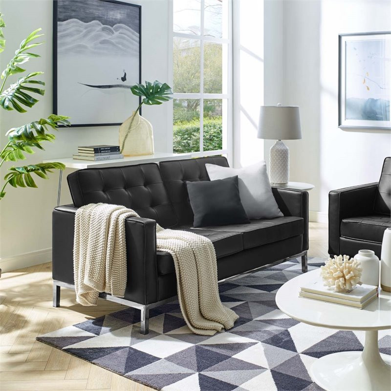 Modway Loft Tufted Vegan Leather Stainless Steel Loveseat in Silver/Black   Contemporary   Loveseats   by Uber Bazaar  Houzz