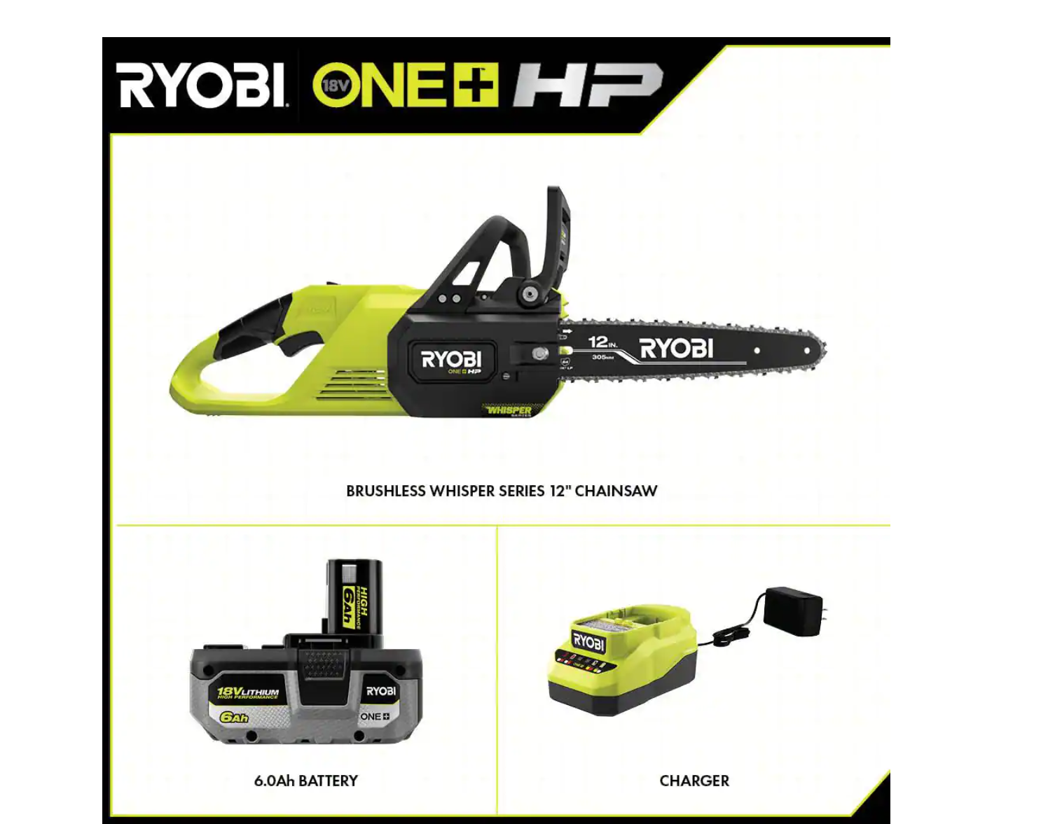 RYOBI P2570 ONE+ HP 18V Brushless Whisper Series 12 in. Cordless Battery Chainsaw with 6.0 Ah Battery and Charger