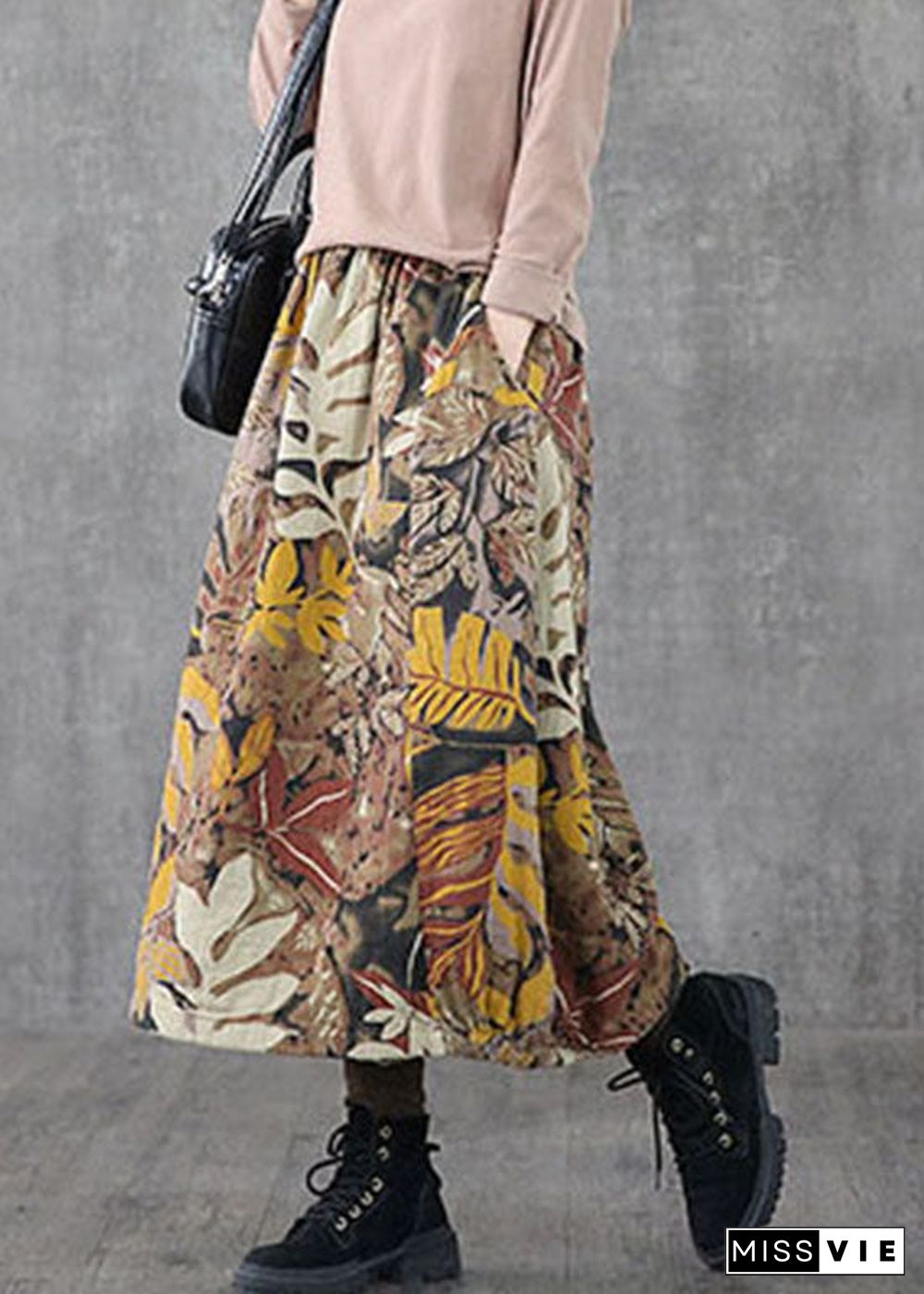 Plus Size Khaki pockets print A Line Skirts Spring