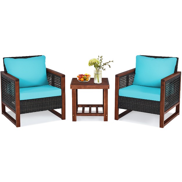 Tangkula 3pcs Patio Rattan Bistro Set Acacia Wood Frame Cushioned Sofa And Side Table