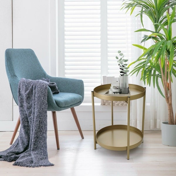 2-Tier Tray End Table Round Metal Side Table Coffee Table for Home